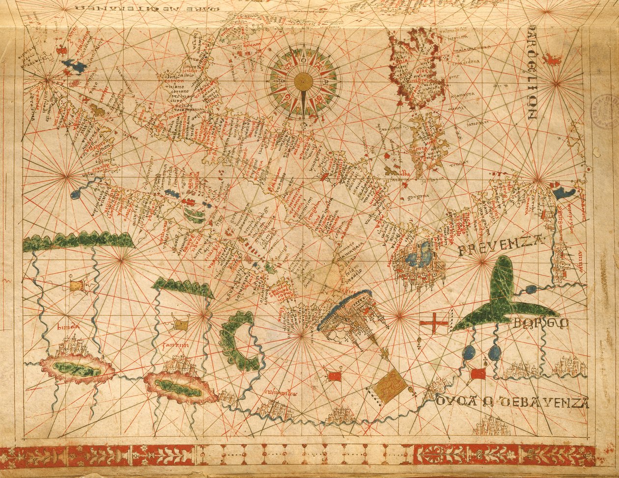 Prowansja i Włochy, z atlasu morskiego, 1520 (tusz na welinie) (detal z 330915) autorstwa Giovanni Xenodocus da Corfu