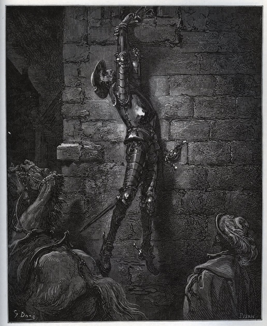 Don Kichot uwięziony przez córkę karczmarza i Maritornesa, pozostaje zawieszony w oknie. - z „Don Kichota z Manchy” Miguela Cervantesa (1547-1616) (Don Kichota) - Drzeworyt wg rysunku Gustave