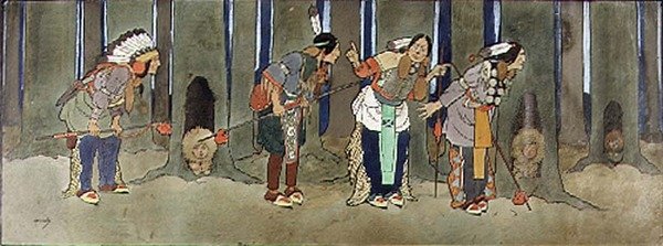 The Never Never Land: Czerwonoskórzy strzegą dzieci przed piratami, ilustracja z „Piotruś Pana”, c.1906 autorstwa John Hassall