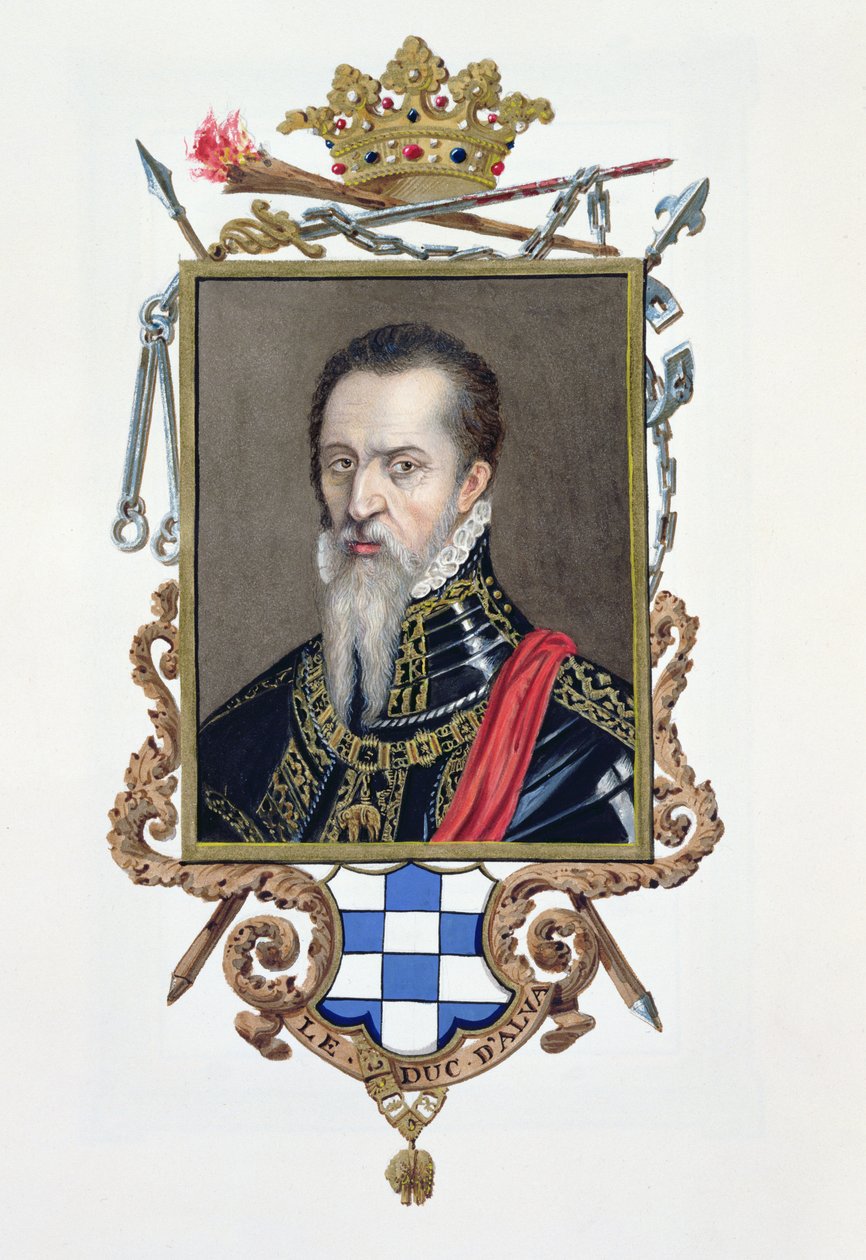 Portret Ferdynanda Alvareza de Toledo, księcia Alvy z „Pamiętników dworu królowej Elżbiety”, opublikowany w 1825 r. (wc i gwasz na papierze) autorstwa Sarah Countess of Essex