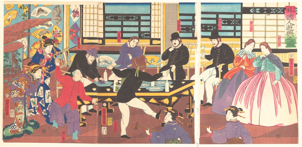 Cudzoziemcy na imprezie, 1 miesiąc, 1861. autorstwa Utagawa Yoshitora