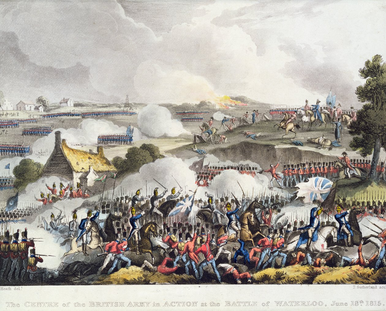 Centrum armii brytyjskiej w akcji w bitwie pod Waterloo, 18 czerwca 1815 r., wyryte przez Sutherlanda autorstwa William Heath