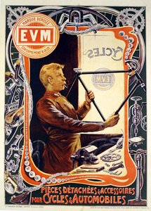 Plakat reklamujący E.V.M. akcesoria rowerowe (kolor lito)