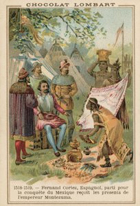 Hernan Cortes, hiszpański konkwistador, otrzymujący dary od azteckiego cesarza Montezumy, Meksyk, 1518-1519