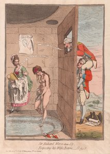 Sir Richard Gorszy niż Sly, Odsłaniając dno swojej żony – O fye!, wyd. 1782 (grawerowanie ręcznie kolorowane) autorstwa James Gillray