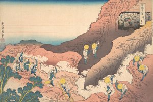Grupy alpinistów Shojin tozan, z cyklu Trzydzieści sześć widoków Mou..., ca. 1830-32. autorstwa Katsushika Hokusai