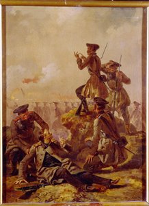 Scena z wojny krymskiej (1853-1856). Za linią frontu oficerowie, z których jeden jest ranny, obserwują pole bitwy. Obraz Mihaly Zichy (1827-1906), olej na płótnie, ok. 1850 r. Sztuka węgierska