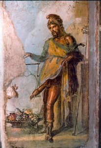 Przedstawienie greckiego bóstwa Priape, boga płodności, z ogromnym penisem stale w stanie erekcji. Fragment fresku Pompei. Casa dei Vettii. I wne.
