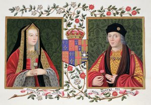 Podwójny portret Elżbiety York (1465-1503) i Henryka VII (1457-1509) trzymających białą różę York i czerwoną różę Lancaster ze „Wspomnień dworu królowej Elżbiety”, opublikowanych w 182