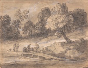 Zalesiony krajobraz z postaciami na koniu przejeżdżającymi przez most autorstwa Thomas Gainsborough