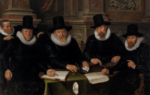 Czterech regentów i „ojciec domowy” amsterdamskiego azylu dla trędowatych Czterech regentów i gospodarz Domu Trędowatego, Amsterdam autorstwa Werner van den Valckert