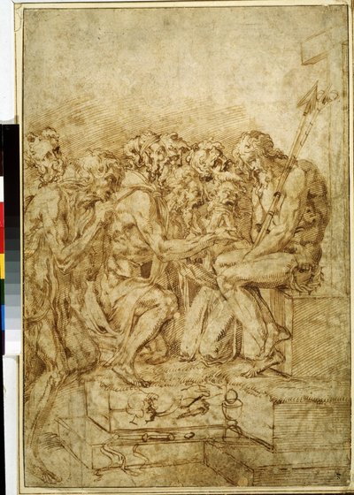 „Chrystus z symbolami męki otoczony siedmioma postaciami” (Chrystus z symbolami męki, któremu towarzyszy siedem postaci) Rysunek brązowym atramentem, Baccio Bandinelli (1493-1560) Muzeum Puszkina w XVI wieku Moskwa autorstwa Baccio Bandinelli