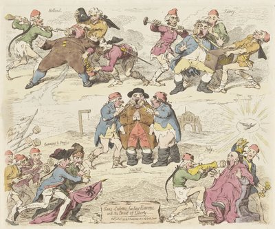 Sankulotowie karmią Europę chlebem wolności, 1793 Sans-kulotci, karmiący Europę Chlebem Wolności (tytuł na obiekcie) autorstwa James Gillray
