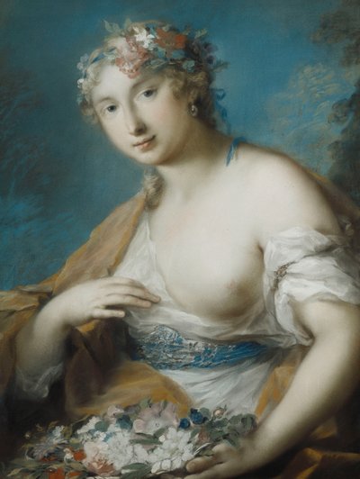 Flora w połowie długości trzymająca kosz kwiatów, autorstwa Rosalba Giovanna Carriera